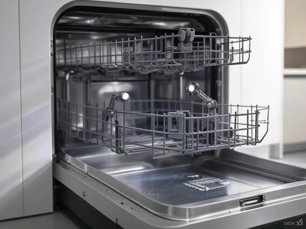 Mașină de spălat vase cu interior metalic și două coșuri pentru vase, deschisă.