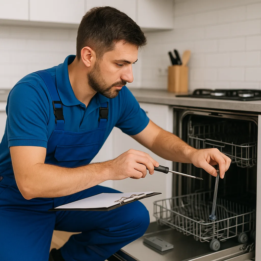 Service mașini de spălat vase urgente București - tehnician repară mașina în bucătărie modernă